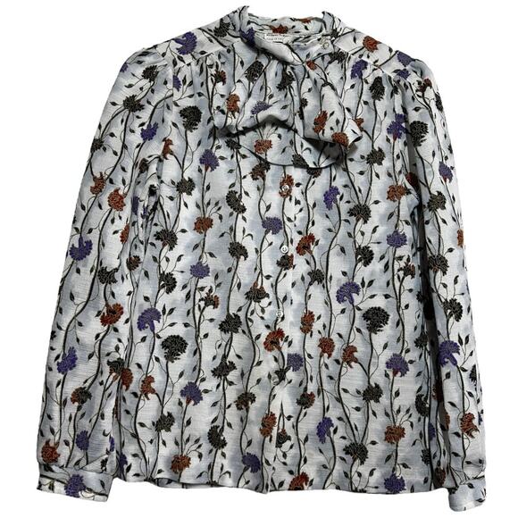 VTG 70s Fire Islander Pussybow Pussycat Bow Blouse Floral Print Button Down 12 - Picture 1 of 5